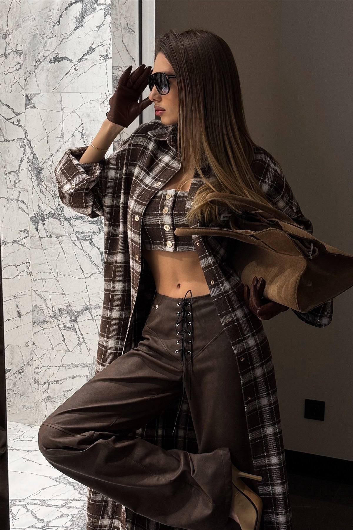 Designer Plaid Long Oversized Knee Length Shirt Overcoat image 3
