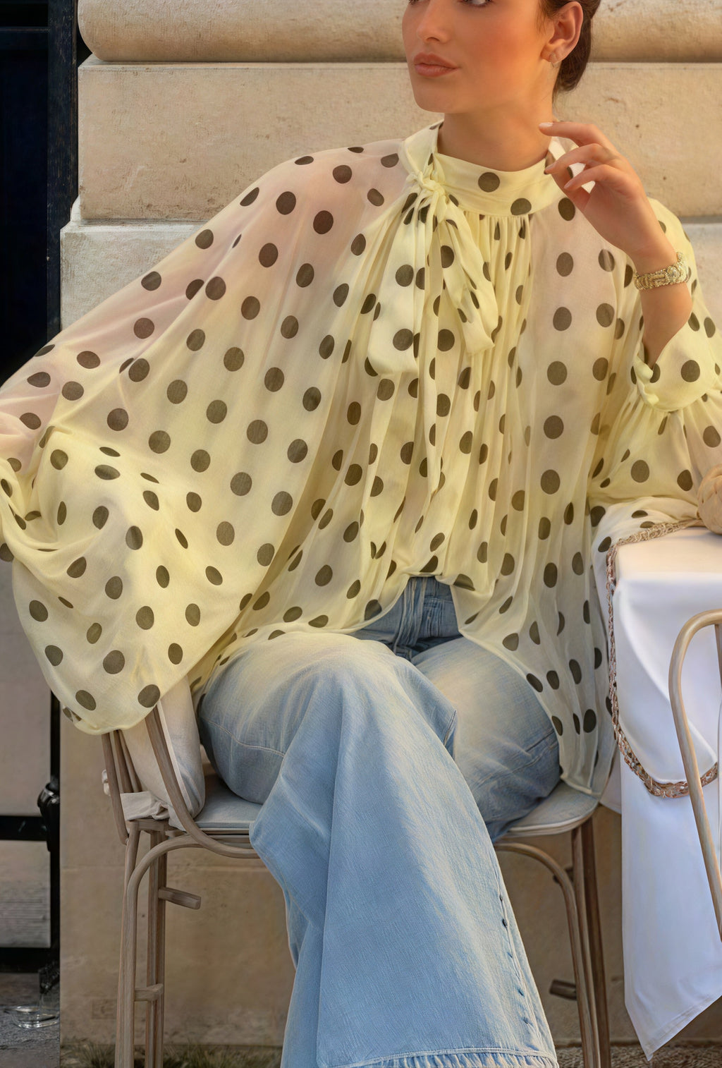 Polka Dot Tie Sheer Lantern Sleeve Blouse image 4