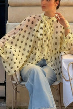 Polka Dot Tie Sheer Lantern Sleeve Blouse image 4