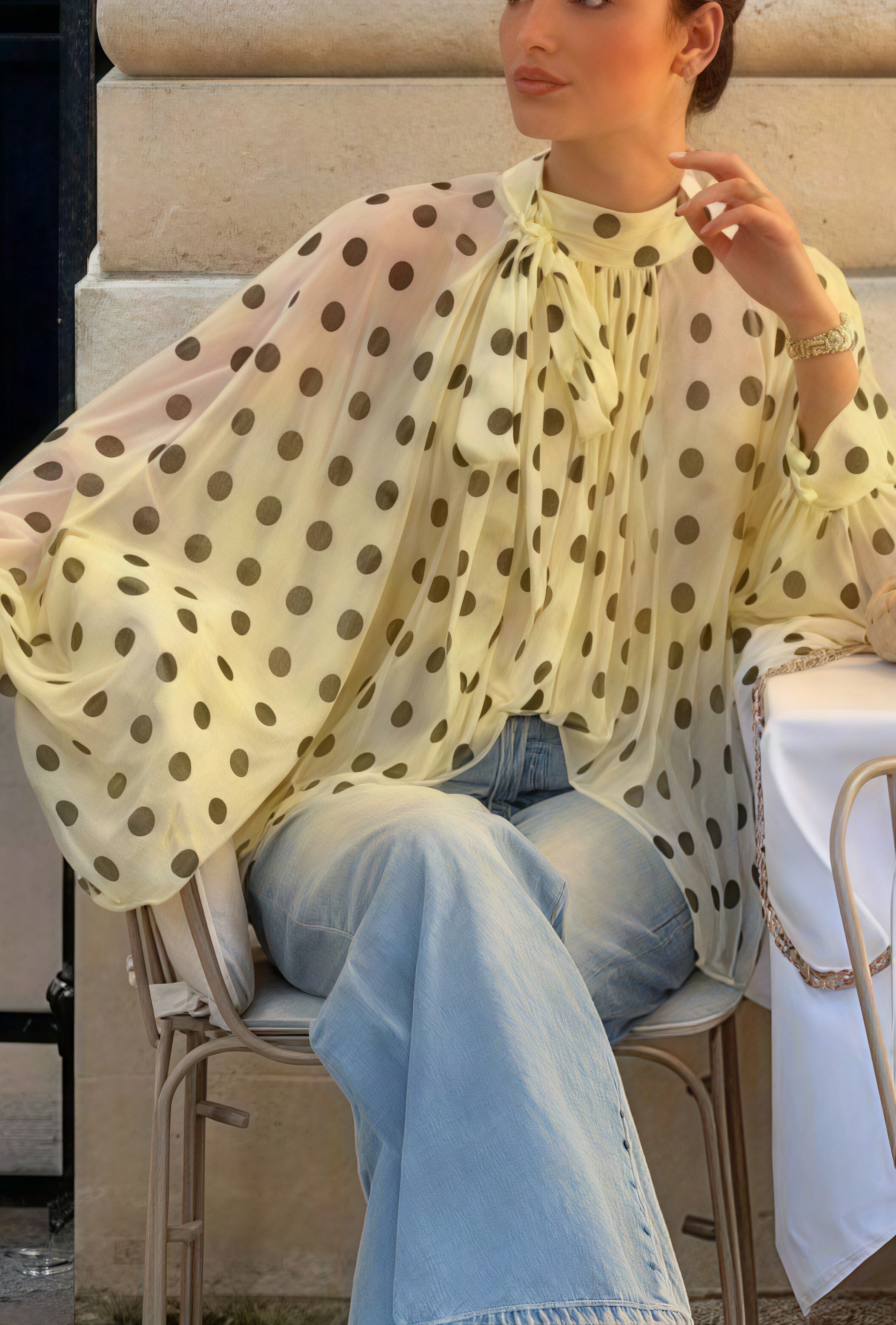 Polka Dot Tie Sheer Lantern Sleeve Blouse image 4