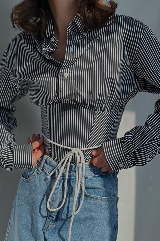 Striped Waist Cinched Collared Short Blouse image 5