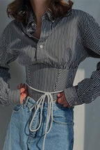 Striped Waist Cinched Collared Short Blouse image 5