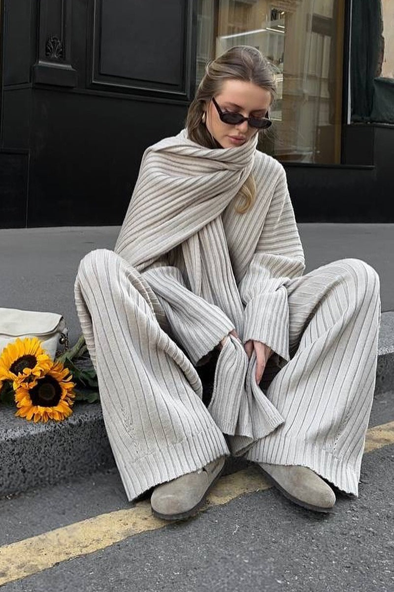 Relaxed Fit V Neck Ribbed Sweater with Pants Two Piece Pants Set image 9
