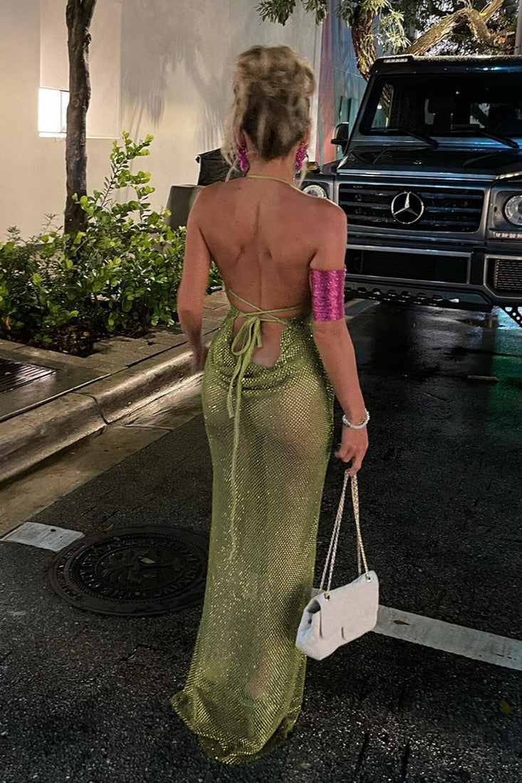 Halter Tie Cutout Back Ruched Solid Bodycon Maxi Dress image 3