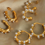 Vera Pearl Earrings detail view styled for Avrienne