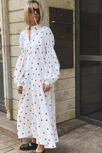 Heart Print Textured Cotton Long Lantern Sleeve Maxi Dress image 3