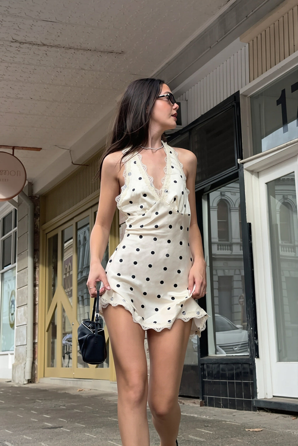 Polka Dot Halter V Neck Cutout Back Mini Dress image 2
