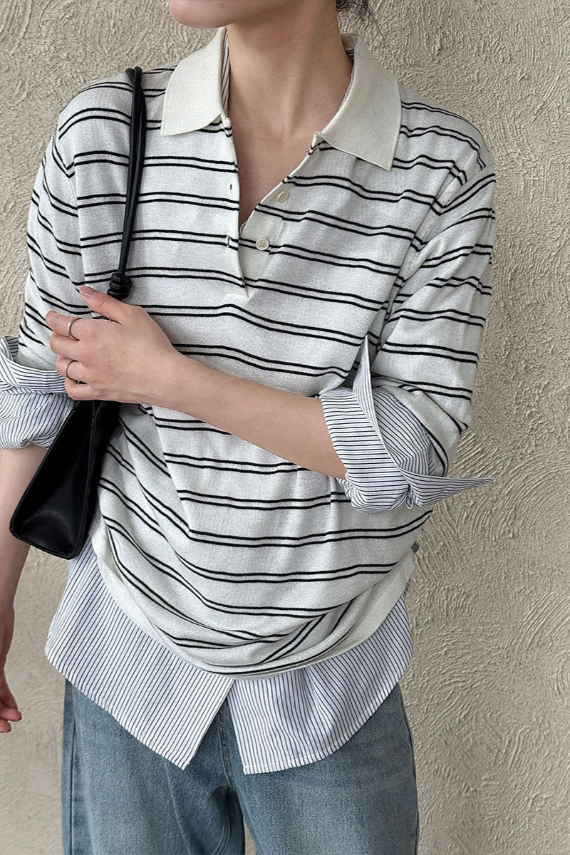 Soft Wool Striped Polo Collar Long Sleeve Long Sleeve Tee image 11