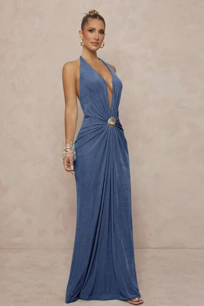Deep V Halter Ruched Metal Trim Backless Maxi Dress image 11