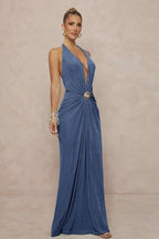 Deep V Halter Ruched Metal Trim Backless Maxi Dress image 11