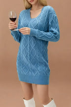 V-Neck Solid Cable-Knit Sweater Mini Dress image 4