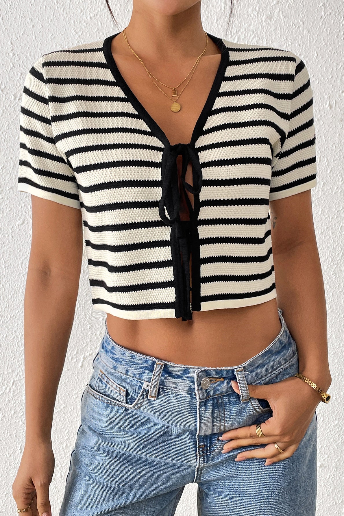 Striped Tie-Front Knit Short Sleeves Cardigan image 5
