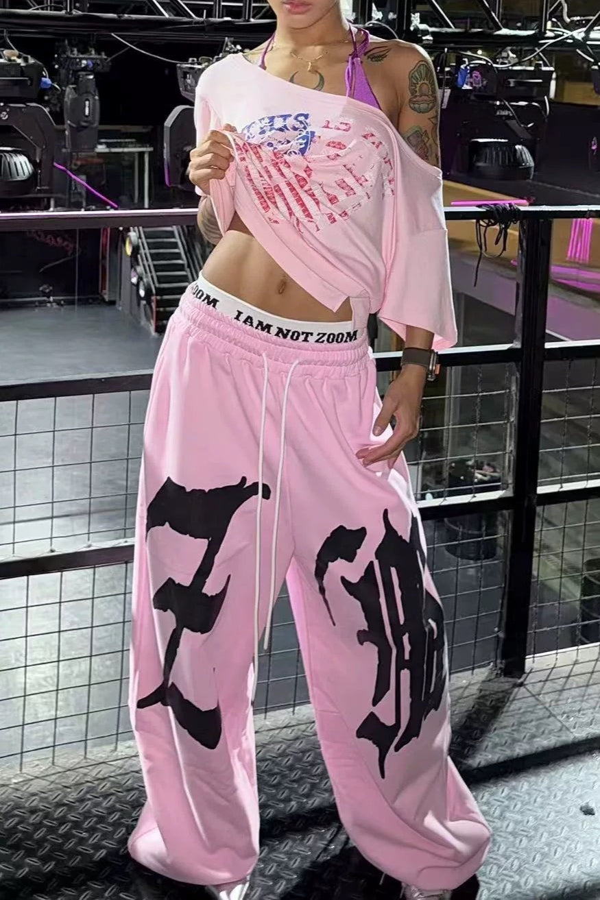 Drapey Letter Graphic Drawcord Curved Sweat Pants image 1