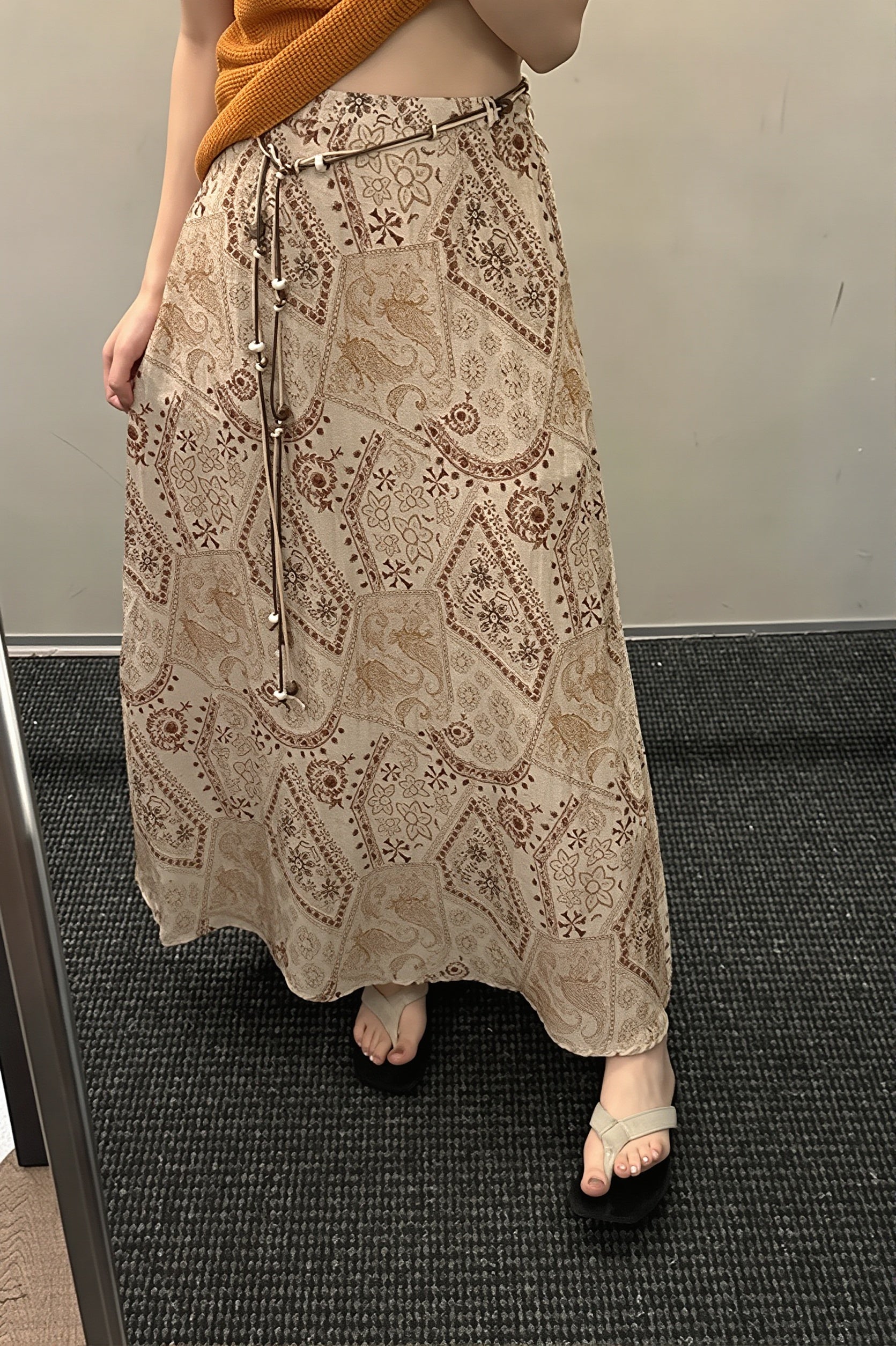 Vintage Print Beaded Belt A Line Maxi Skirt image 1