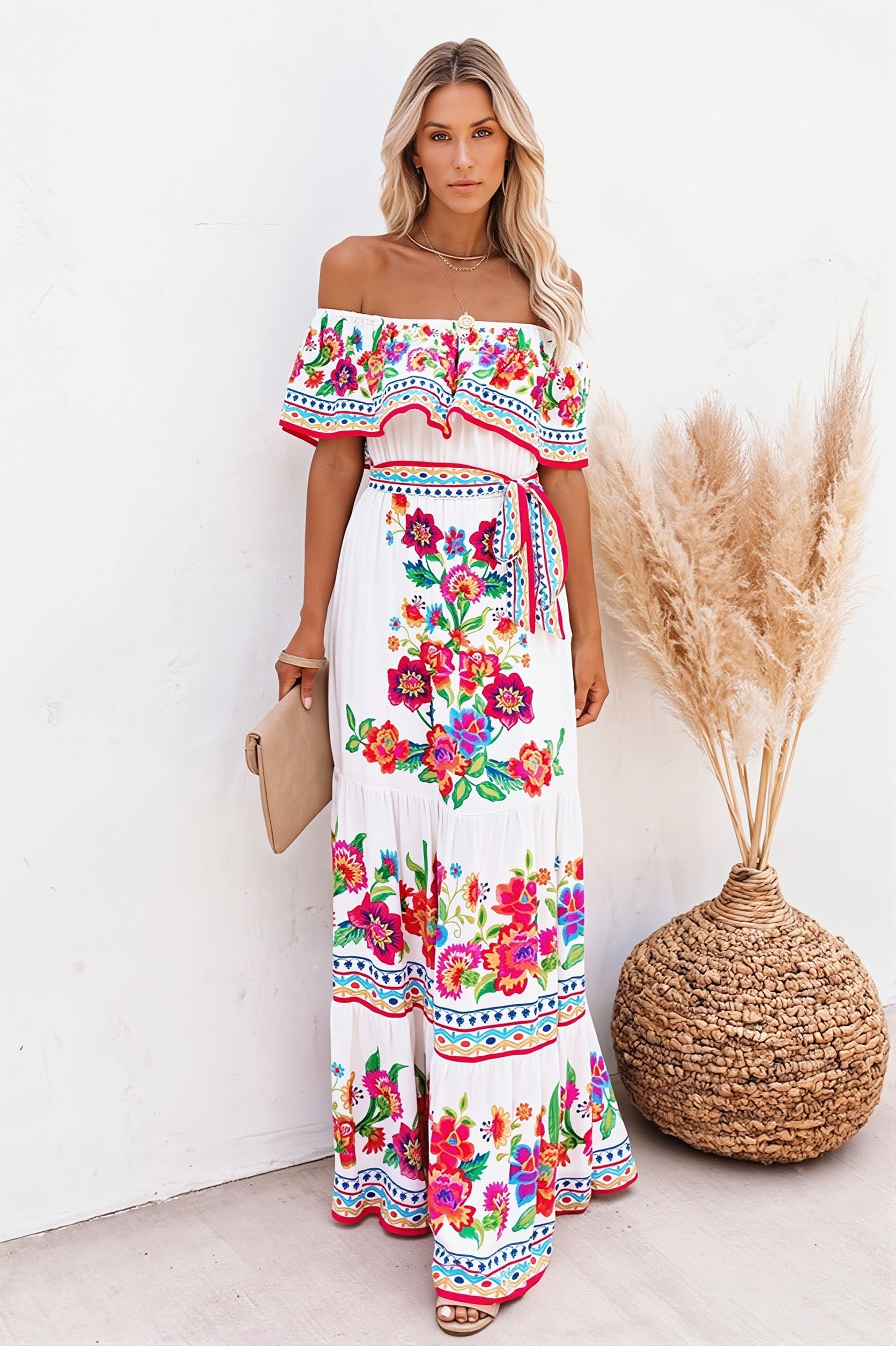 Ruffle Off Shoulder Bright Long Boho Dress image 1