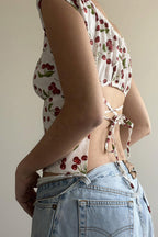 U Neck Flutter Sleeve Back Tie Cropped Blouse image 2