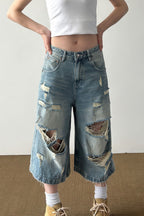 Retro Washed Ripped Whisker Cropped Jeans image 3