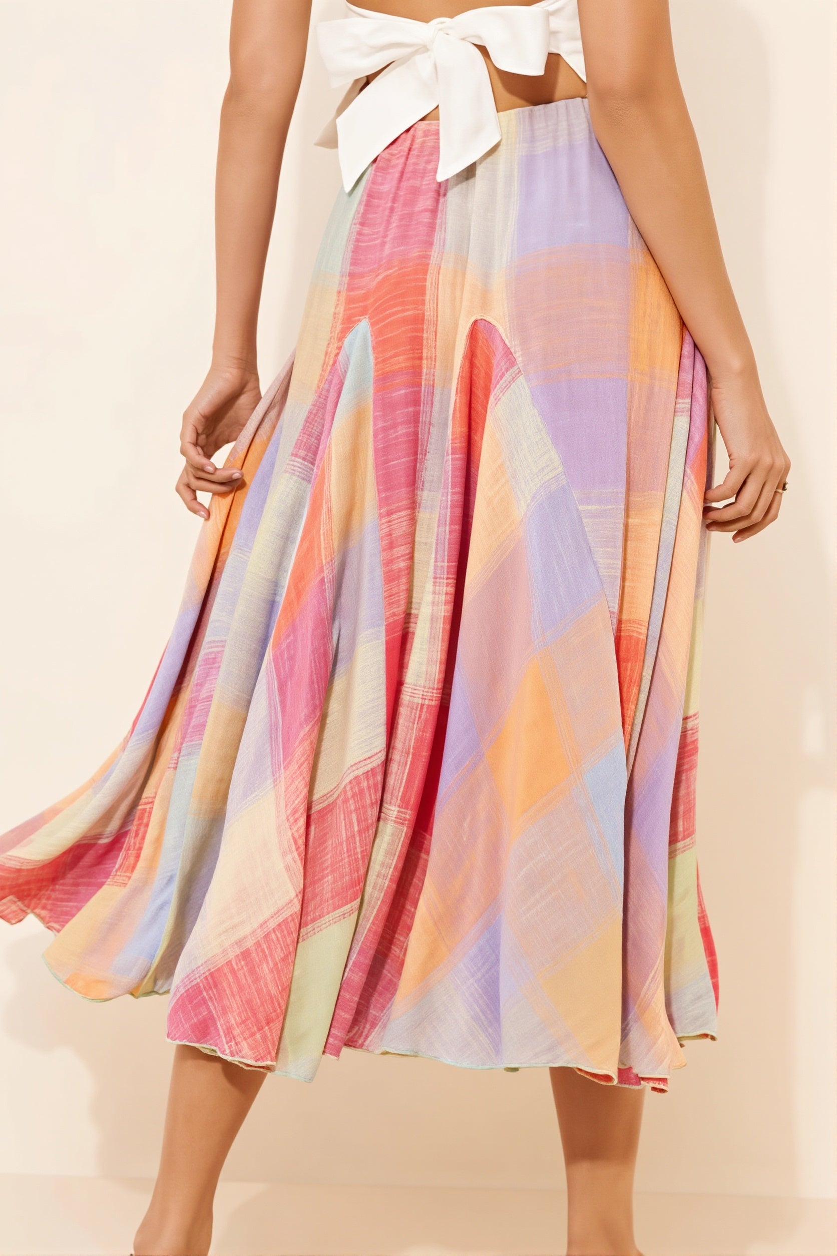 Elastic Waist Colorful Plaid Flared Maxi Skirt image 2