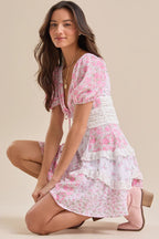 Floral Lace Patchwork V Neck Puff Short Sleeve Mini Dress image 9