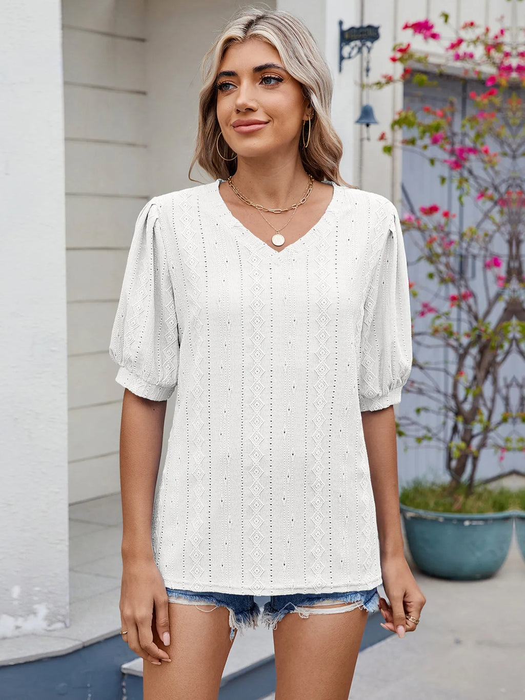 Mireille Eyelet Top detail view styled for Avrienne