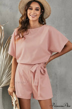Elaine Tie Belt Charming Short Sleeve Romper image 3
