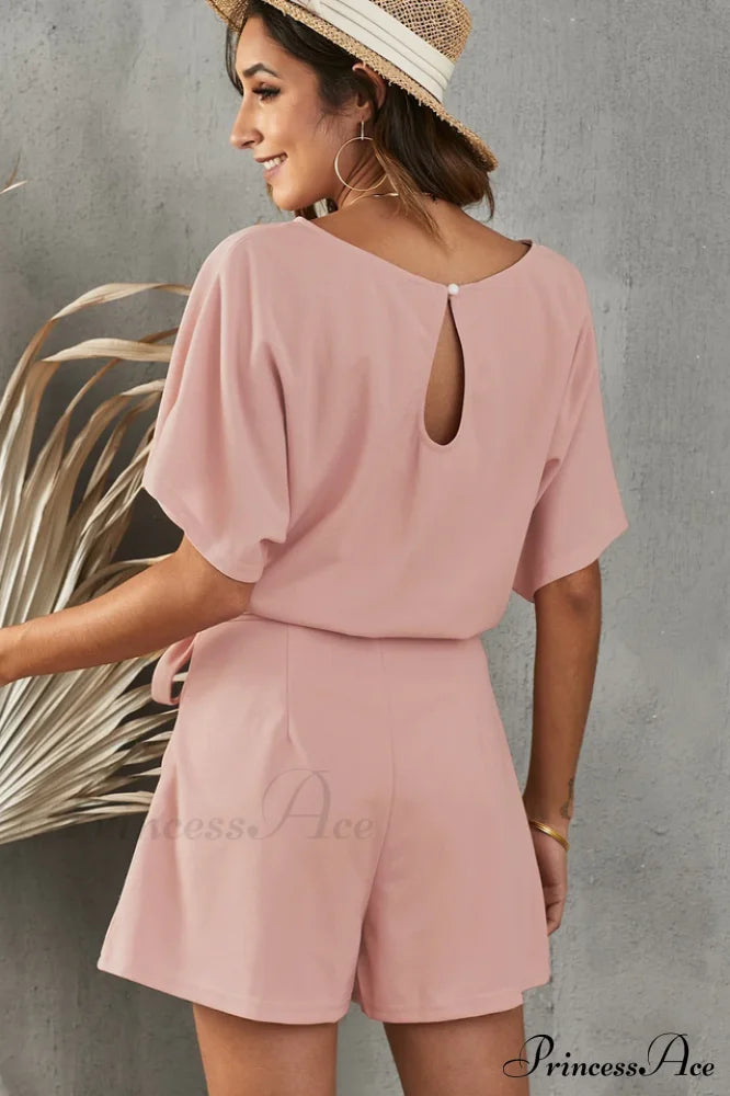 Elaine Tie Belt Charming Short Sleeve Romper image 2