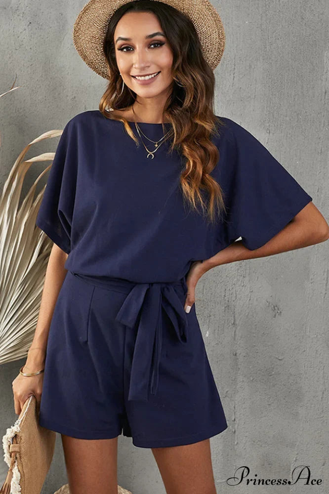 Elaine Tie Belt Charming Short Sleeve Romper image 6