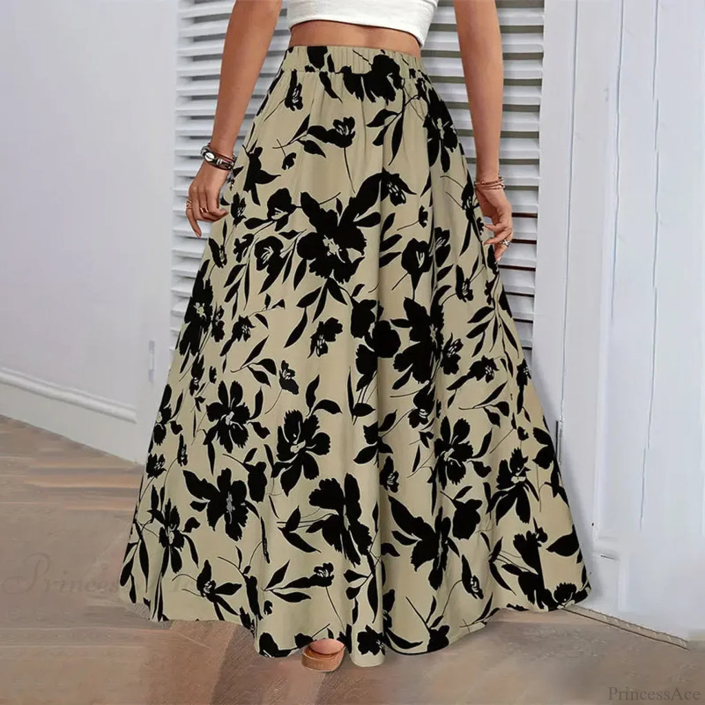 Elastic Waist Flowers Printed Women's A-line Skirt Summer Elegant image 2