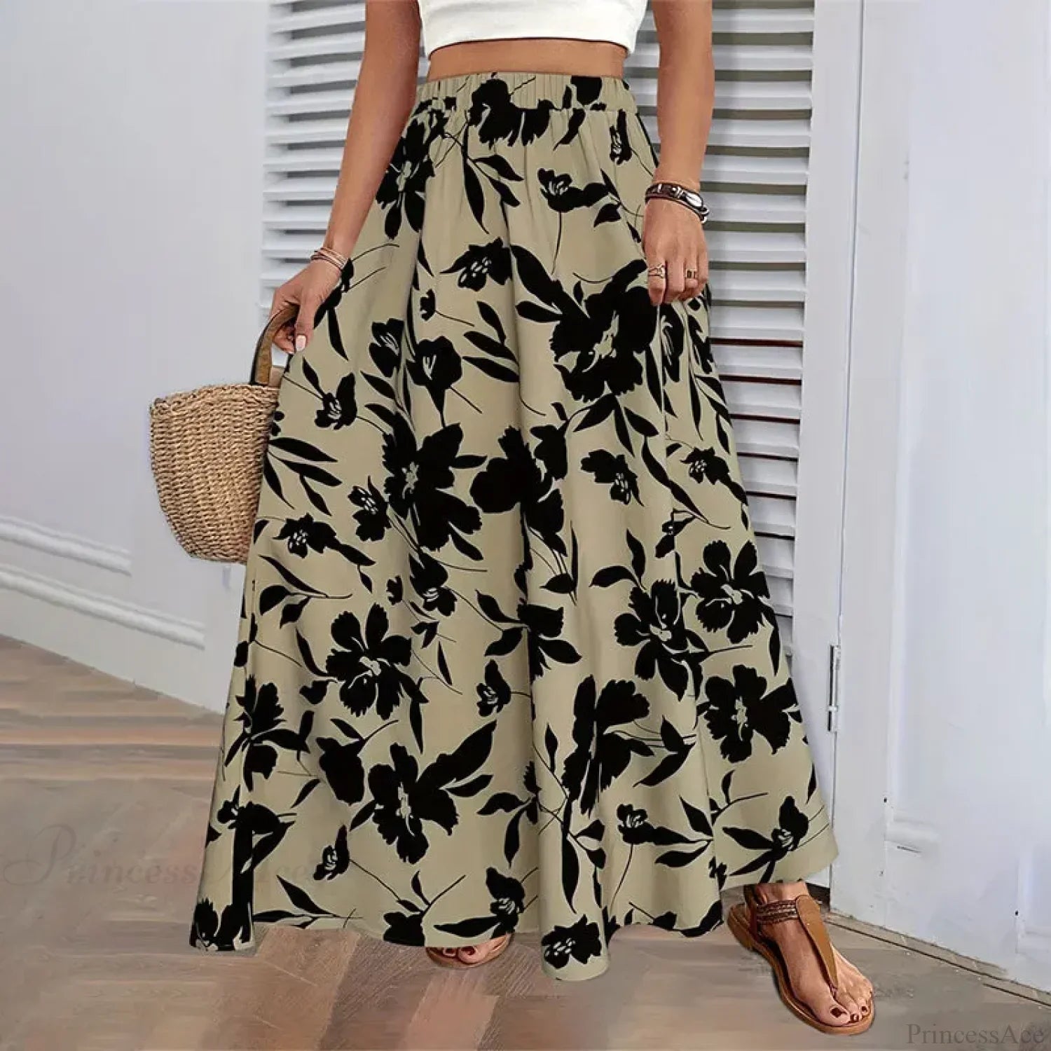Elastic Waist Flowers Printed Women's A-line Skirt Summer Elegant image 4
