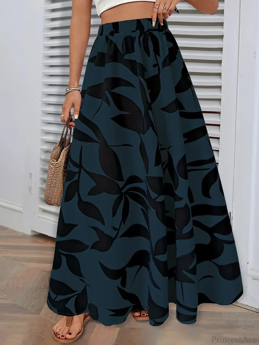 Elastic Waist Flowers Printed Women's A-line Skirt Summer Elegant image 5