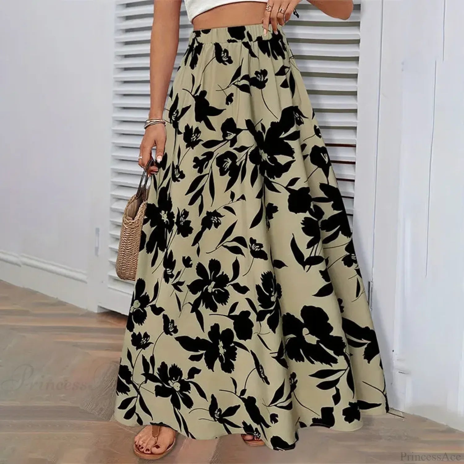 Elastic Waist Flowers Printed Women's A-line Skirt Summer Elegant image 1