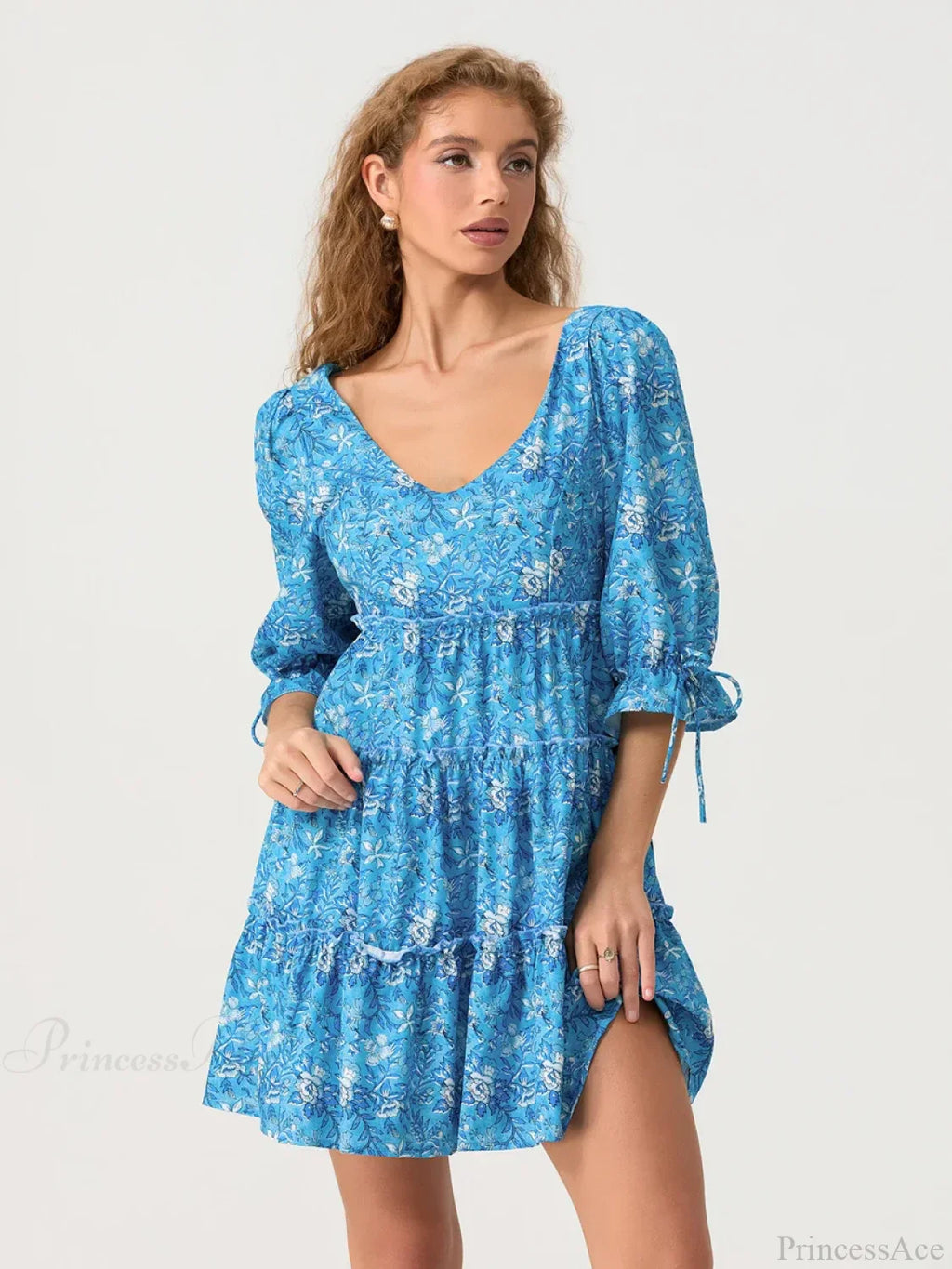 Elbow Puff Sleeve V-Neck Tiered Floral Dress image 7