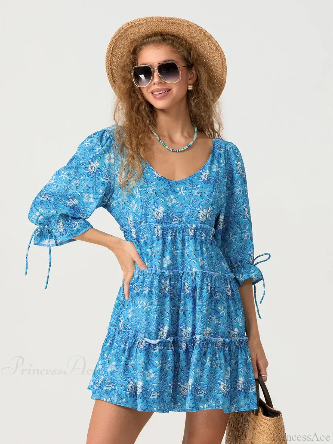 Elbow Puff Sleeve V-Neck Tiered Floral Dress image 2