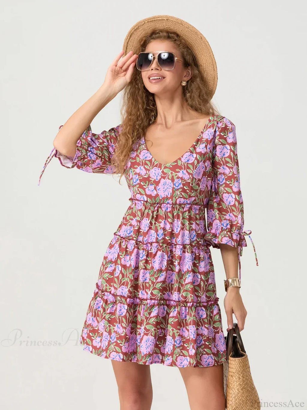 Elbow Puff Sleeve V-Neck Tiered Floral Dress image 4