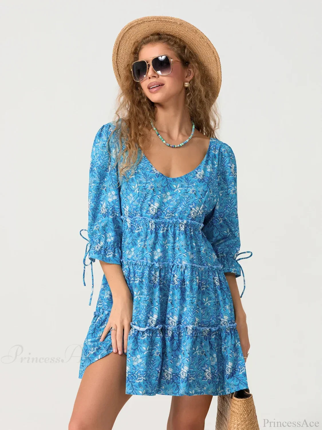 Elbow Puff Sleeve V-Neck Tiered Floral Dress image 3