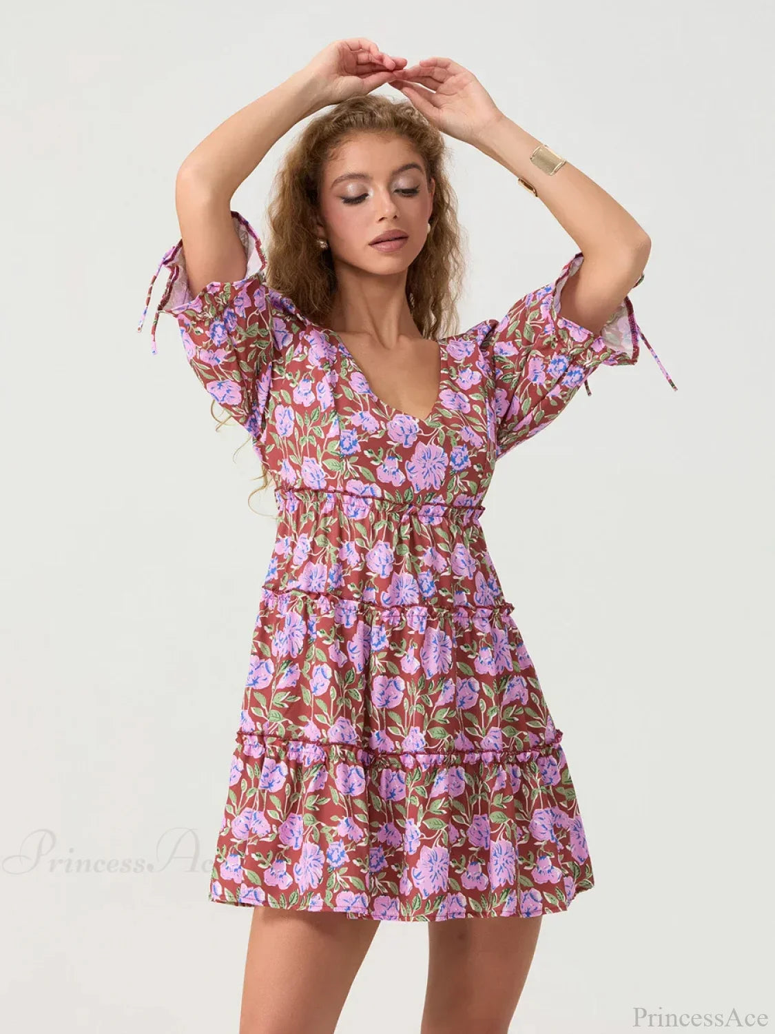 Elbow Puff Sleeve V-Neck Tiered Floral Dress image 6