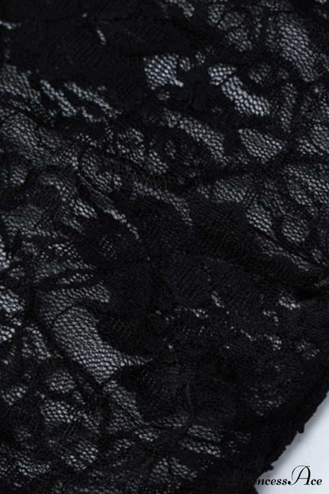 Elegant Black Lace Floral Ribbon Strapless Dress with Slit image 9