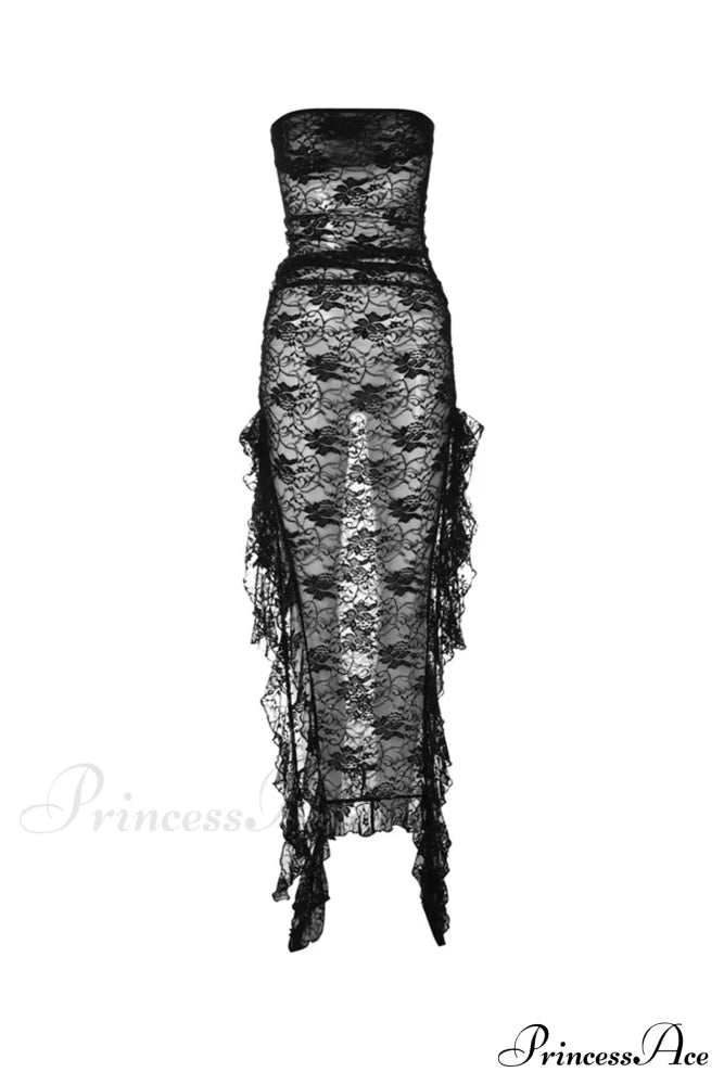 Elegant Black Lace Floral Ribbon Strapless Dress with Slit image 7