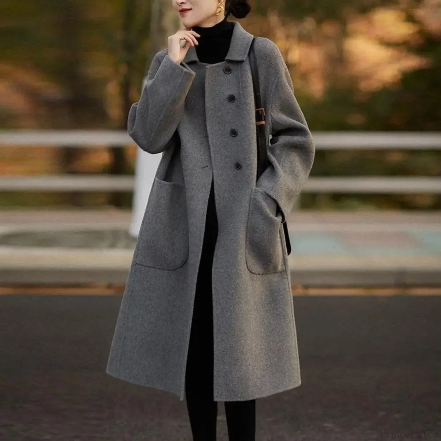Elegant Black O-neck Puff Sleeve Overcoat image 2