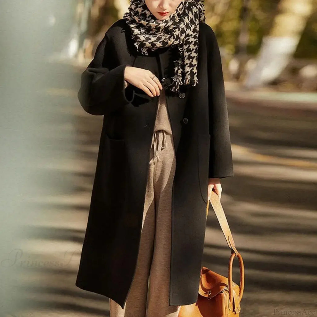 Elegant Black O-neck Puff Sleeve Overcoat image 3