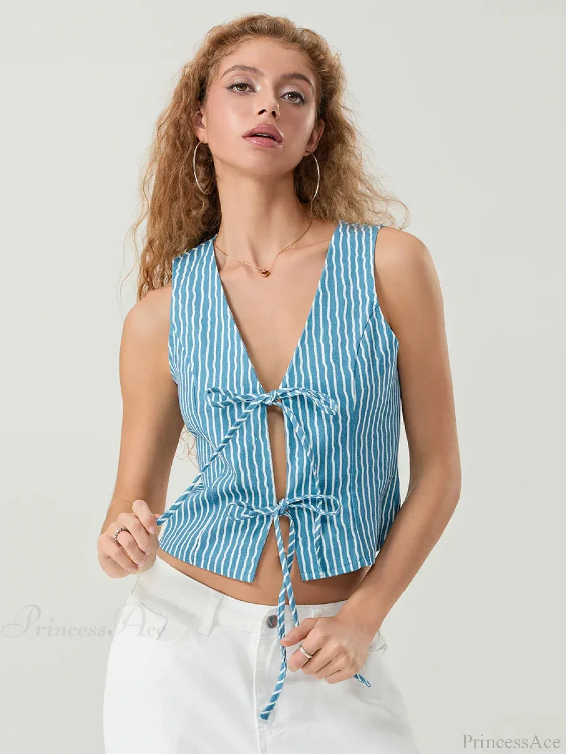Elegant Bow Tied Front Striped Sleeveless V-neck Crop Tank image 1