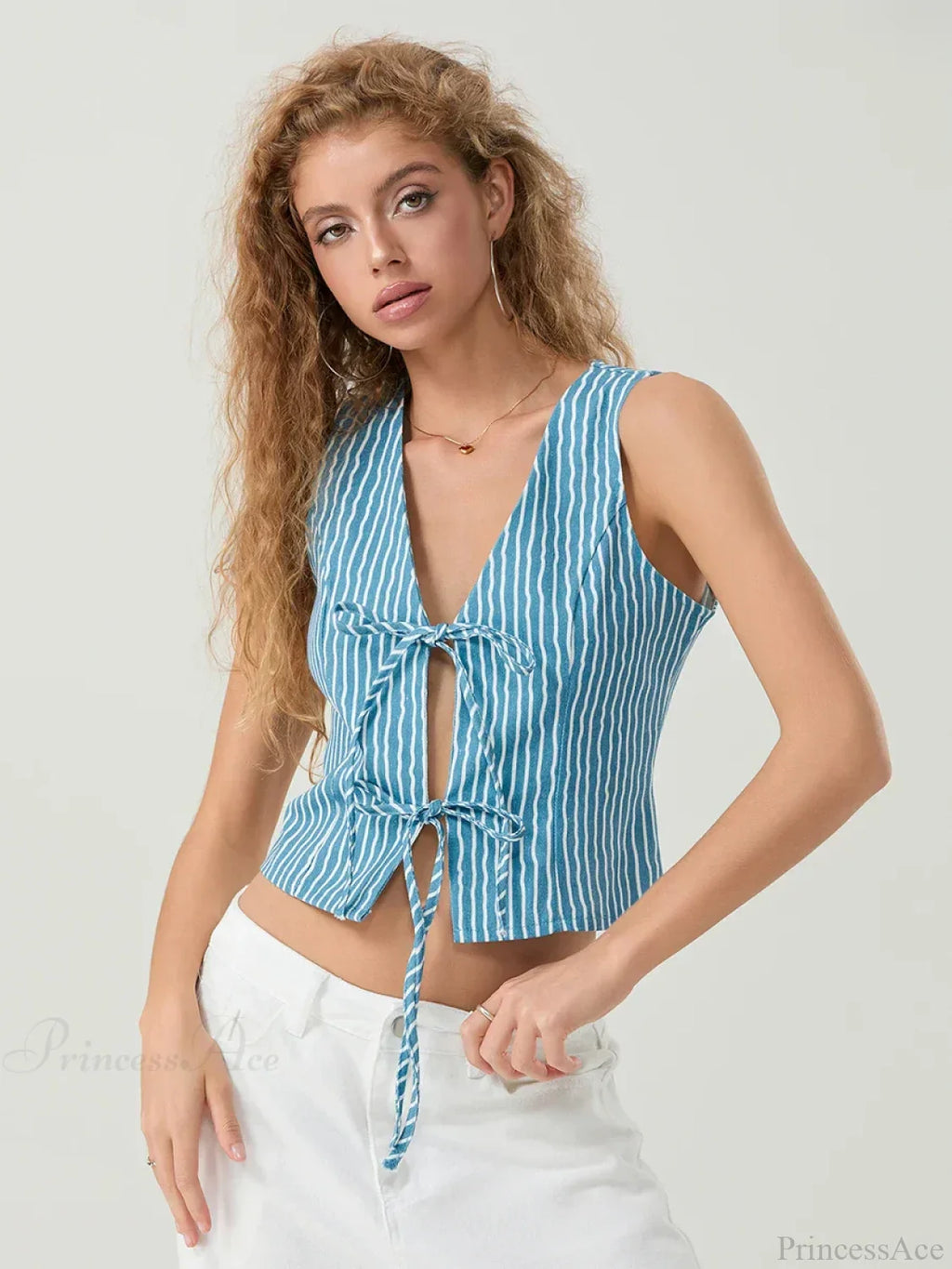 Elegant Bow Tied Front Striped Sleeveless V-neck Crop Tank image 2