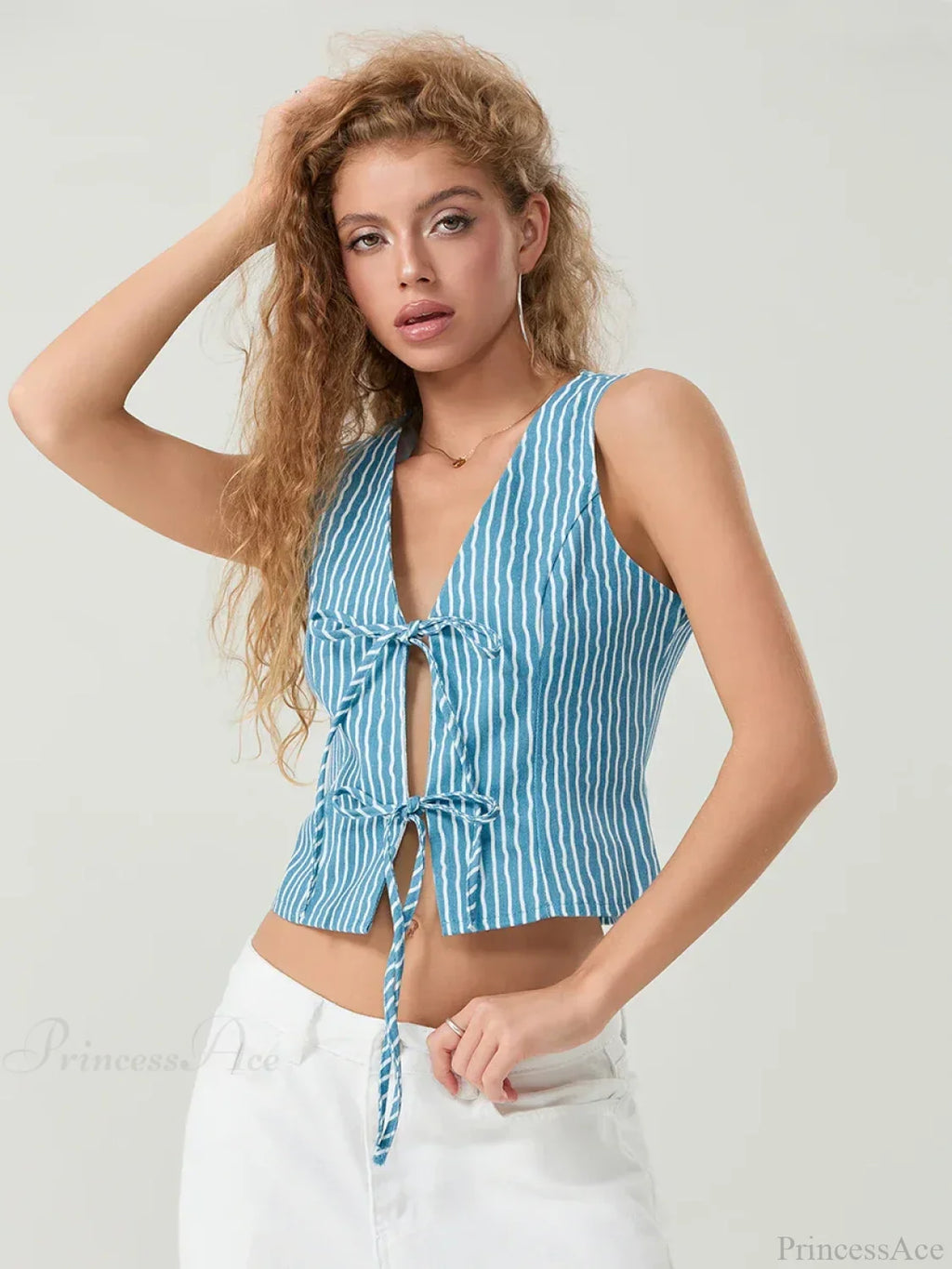 Elegant Bow Tied Front Striped Sleeveless V-neck Crop Tank image 5