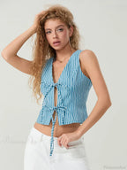 Elegant Bow Tied Front Striped Sleeveless V-neck Crop Tank image 5