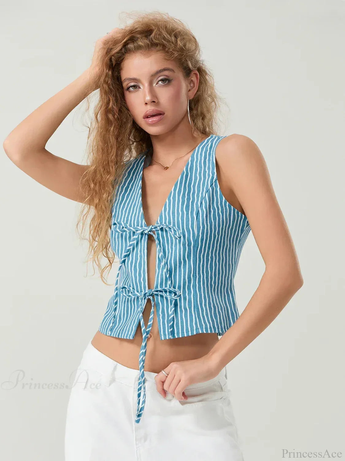 Elegant Bow Tied Front Striped Sleeveless V-neck Crop Tank image 5