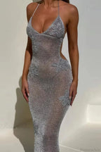 Elegant Deep V-Neck Spaghetti Strap Fitted Sheer Backless Evening Dress image 2