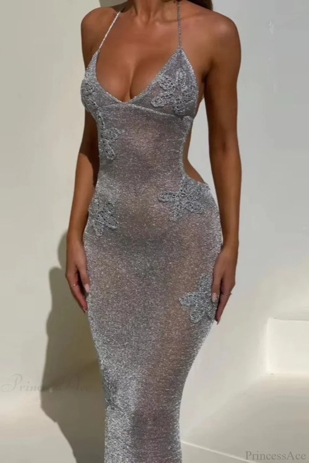Elegant Deep V-Neck Spaghetti Strap Fitted Sheer Backless Evening Dress image 2