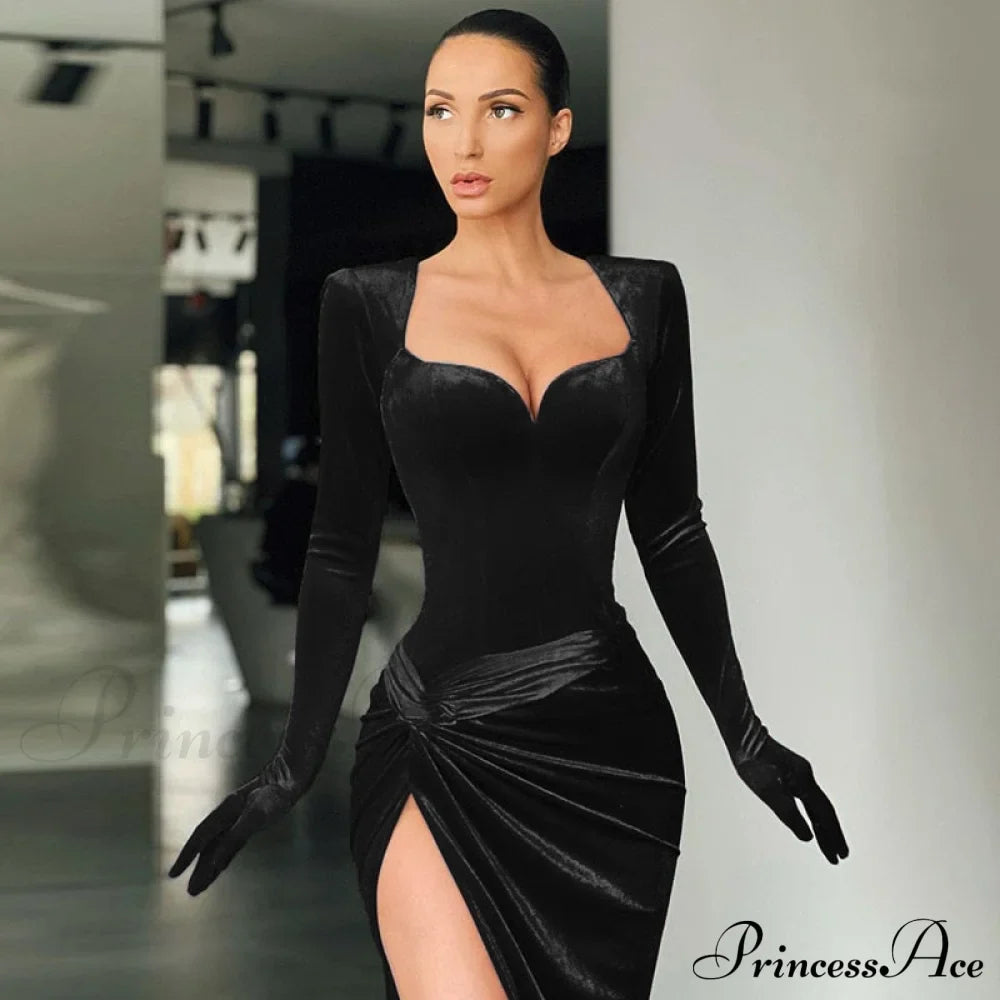 Elegant Evening Gloves Sleeve Velvet Slit Maxi Dress image 1