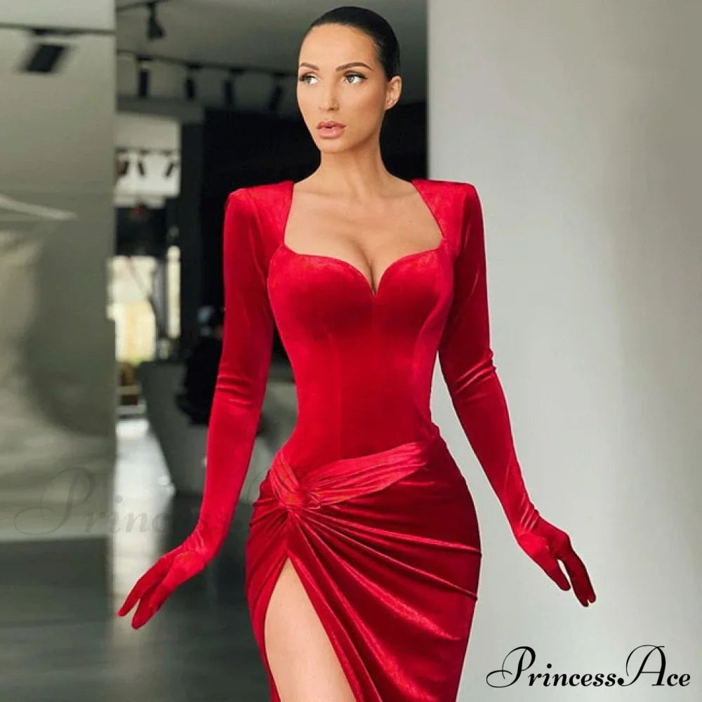 Elegant Evening Gloves Sleeve Velvet Slit Maxi Dress image 2