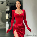 Elegant Evening Gloves Sleeve Velvet Slit Maxi Dress image 2